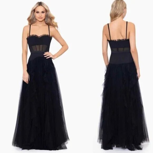 BETSY & ADAM "Tia" Long Mesh Corset Ballgown in Black Size US 4 - Picture 1 of 10